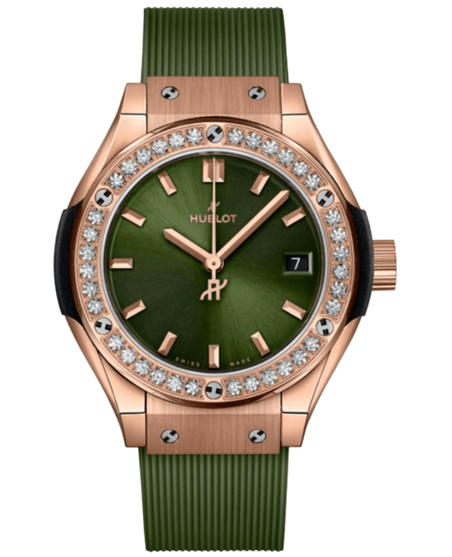 Hublot Classic Fusion 18K King Rose Gold Quartz Green Dial Diamond Bezel Rubber Strap Women's Watch 591.OX.8980.RX.1204