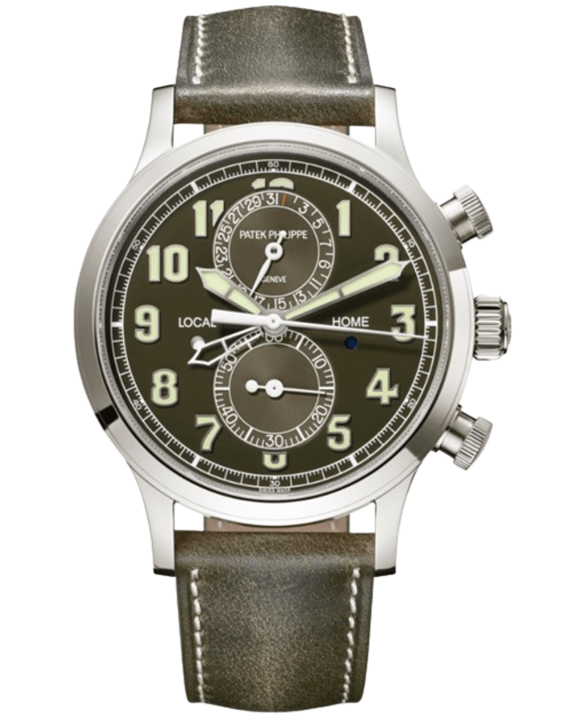 Patek Philippe Complications Chronograph Dual Time Automatic Green Dial White Gold Leather Strap Men's Watch 5924G-010