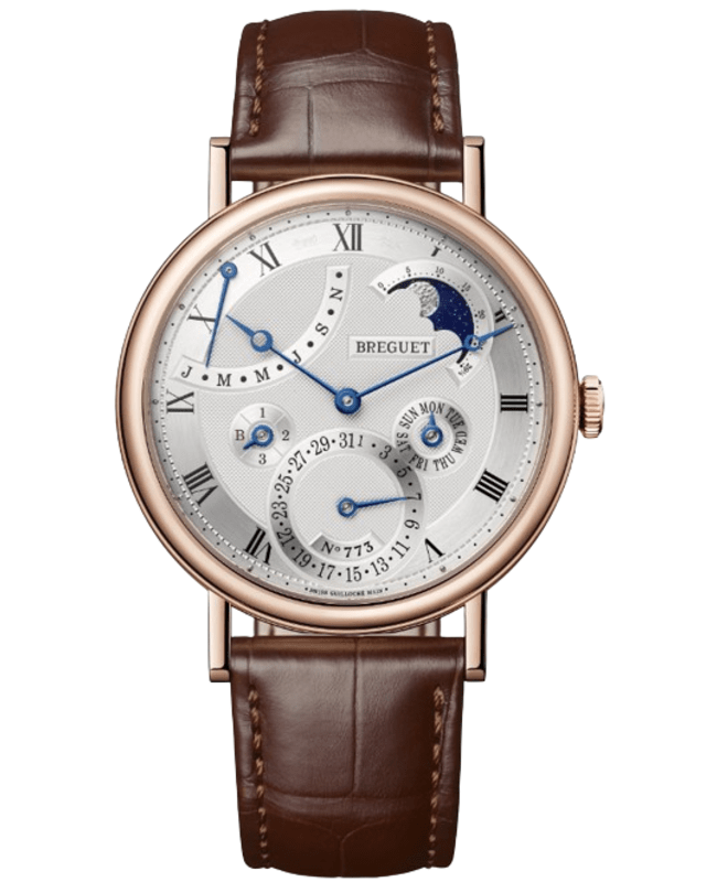 Breguet Classique Quantieme Perpetuel Automatic Silver Dial 18K Rose Gold Brown Leather Strap Men's Watch 7327BR/11/9VU