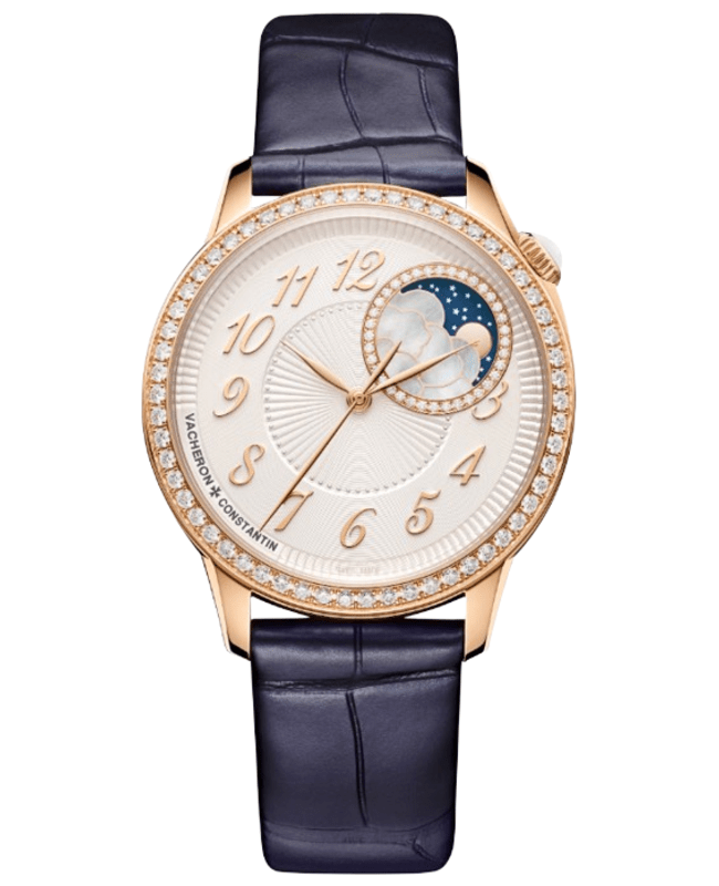 Vacheron Constantin Egerie Moon Phase Automatic White Dial 18K Rose Gold Diamond Bezel Blue Leather Strap Women's Watch 8005F/000R-B498