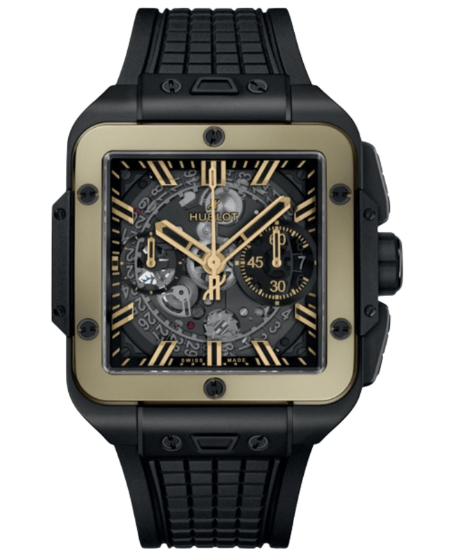 Hublot Square Bang Unico Ceramic Automatic Chronograph Skeleton Dial 18K Magic Gold Bezel Black Rubber Strap Men's Watch 821.CM.0130.RX 821.CM.0130.RX