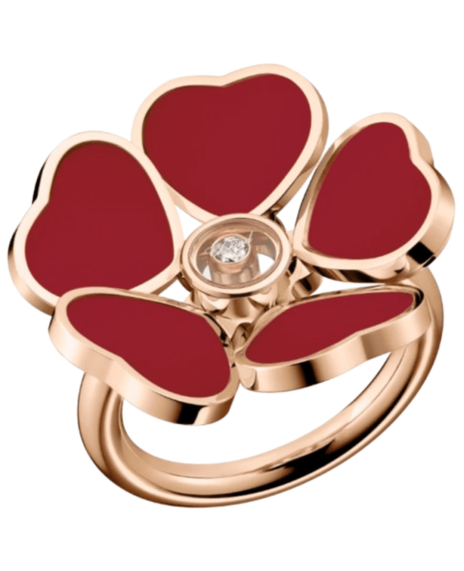 Chopard Happy Hearts Flowers 18K Rose Gold, Diamond and Red Stone Women's Ring 82A085-5800 82A085-5800