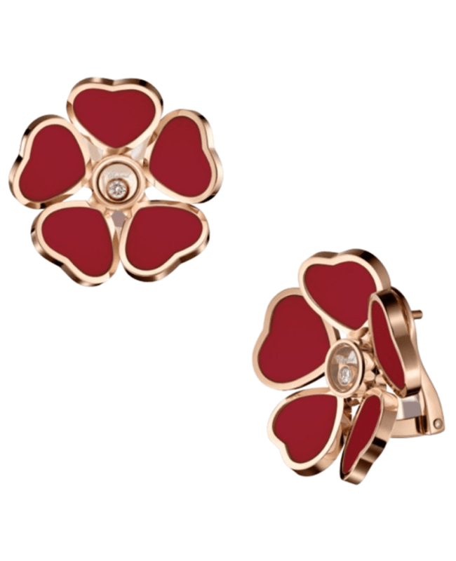 Chopard Happy Hearts Flowers 18K Rose Gold, Diamond and Red Stone Women's Earrings 84A085-5811 84A085-5811