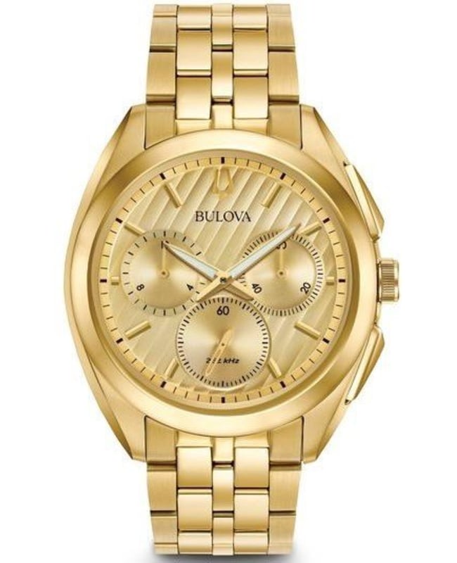 Bulova Curv Chronograph Champagne Dial Yellow Gold Tone Stainless Steel Men’s Watch