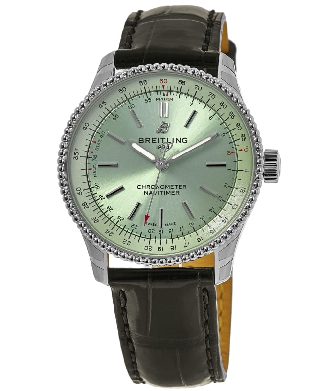 Breitling Navitimer Automatic 35 Green Dial Leather Strap Womens Watch A17395361L1P1 A17395361L1P1