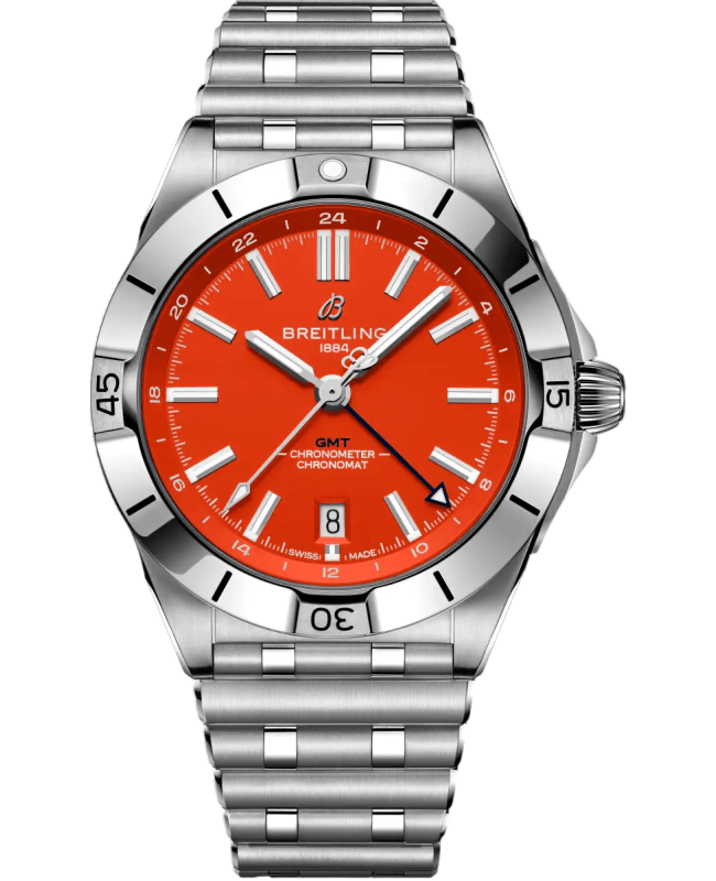 Breitling Chronomat Automatic GMT 40 NFL Denver Broncos Special Edition Orange Dial Stainless Steel Men's Watch A32398C81O1A1