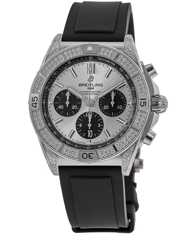 Breitling Chronomat B01 Chronograph Silver Dial Diamond Bezel Rubber Strap Men's Watch AB0134721G1S1