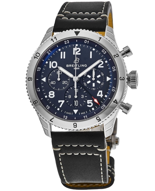 Breitling Super Avi B04 Chronograph GMT 46 Tribute to Vought F4U Corsair Blue Dial Leather Strap Men's Watch AB04451A1C1X1