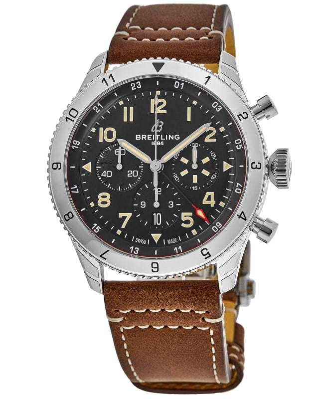 Breitling Super Avi B04 Chronograph GMT 46 P-51 Mustang Black Dial Leather Strap Men's Watch AB04453A1B1X1
