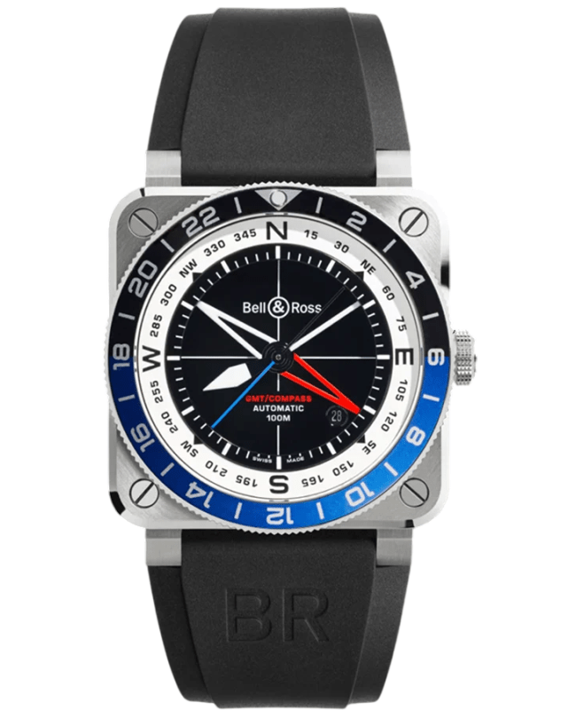 Bell & Ross BR 03 Automatic GMT Compass Limited Edition 42mm Black Dial Rubber Strap Men's Watch BR0393-COM-ST/SRB