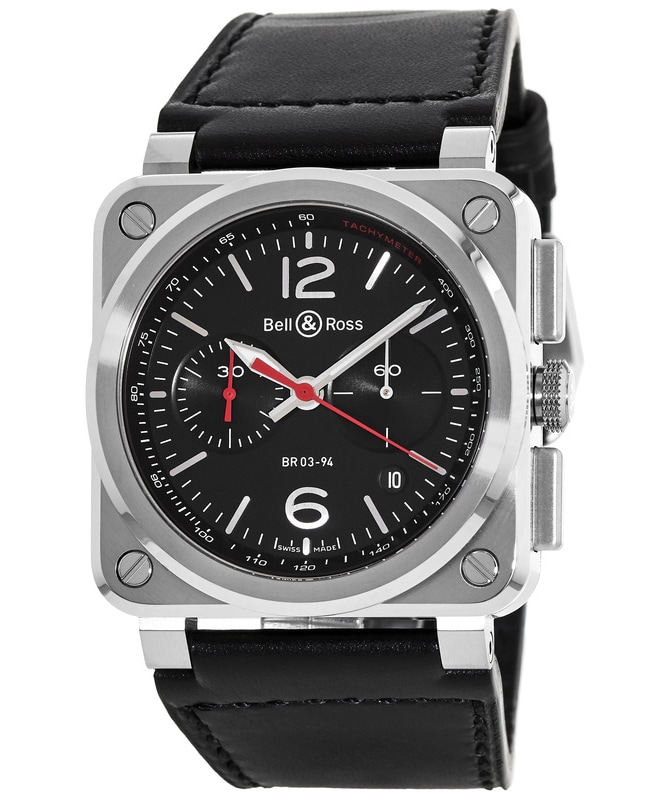 Bell & Ross BR 03-94 Chronograph 42mm Black Dial Leather Strap Men's Watch BR0394-BLC-ST/SCA