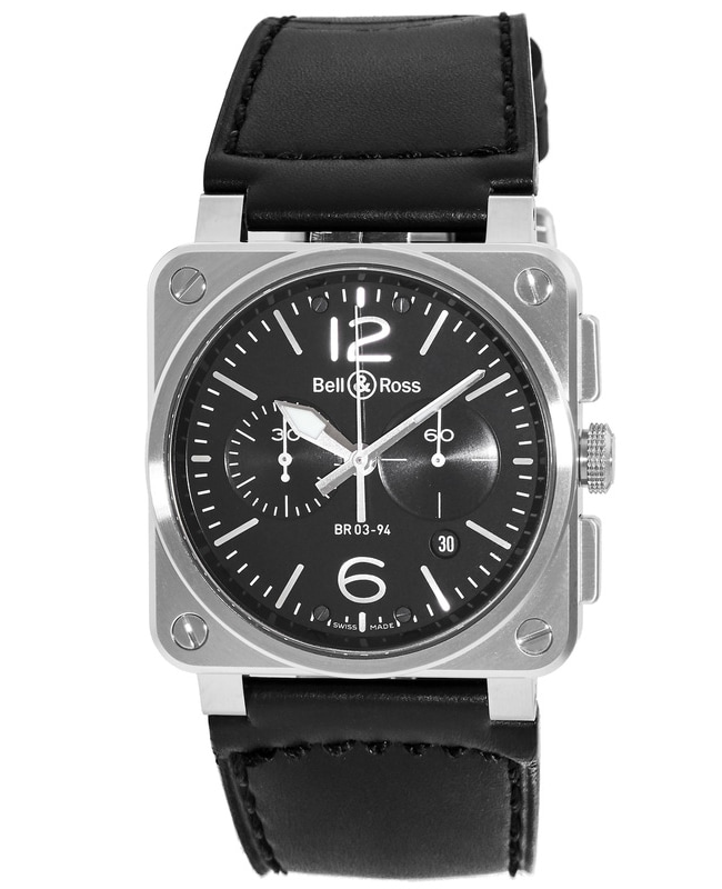 Bell & Ross BR 03-94 Chronograph 42mm Black Dial Leather Strap Men's Watch BR0394-BL-SI/SCA