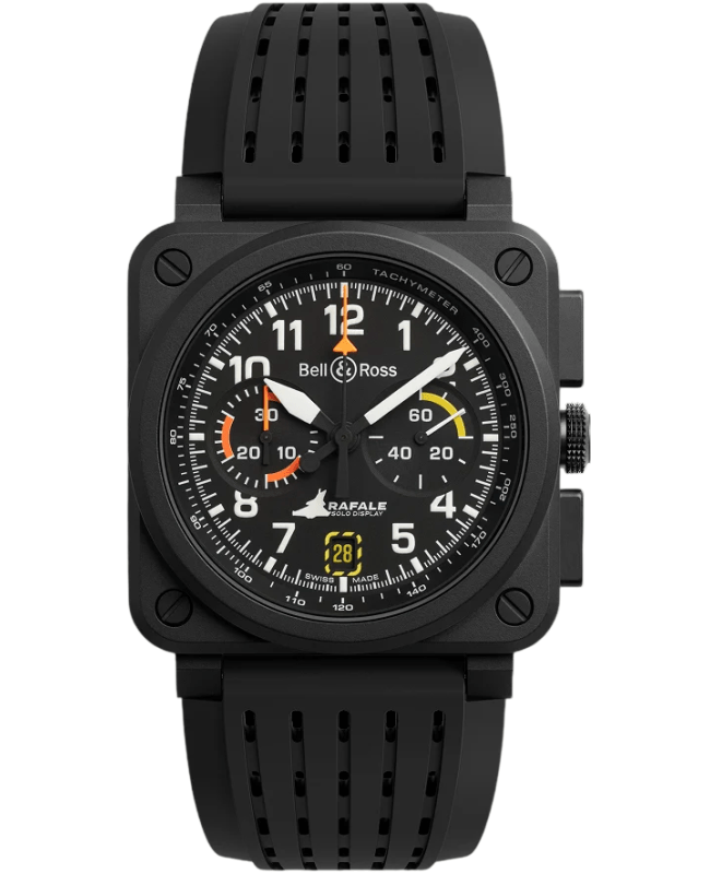 Bell & Ross BR 03 Automatic Chronograph Display Rafale Solo Limited Edition 42mm Black Dial Rubber Strap Men's Watch BR0394-RSD-CE/SRB