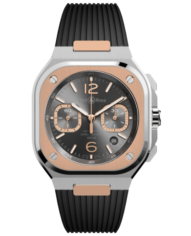 Bell & Ross BR 05 Chronograph 42mm Automatic Black Dial 18K Rose Gold Black Rubber Strap Men's Watch BR05C-RTH-STPG/SRB