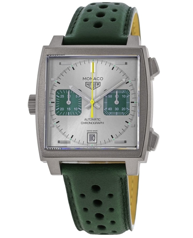 Tag Heuer Monaco Limited Edition Chronograph Racing Green Silver Dial Leather Strap Men's Watch CAW218E.FC6565