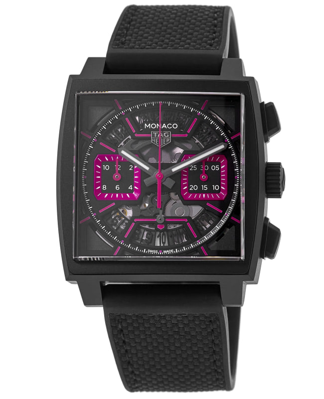 Tag Heuer Monaco Chronograph Automatic Black Skeleton Dial Rubber Strap Men's Watch CBL218B.FT6236