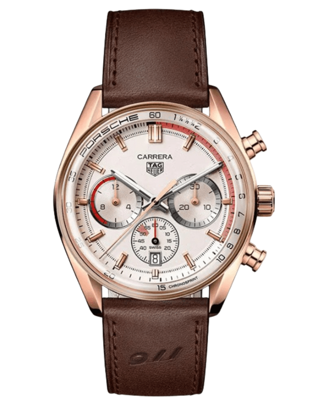 Tag Heuer Carrera Chronosprint X Porsche Automatic Chronograph Beige Dial Leather Strap Men's Watch CBS2040.FC8318