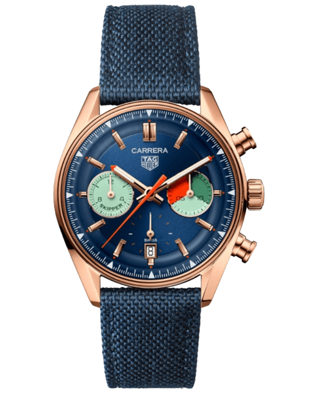 Tag Heuer Carrera Skipper Chronograph Automatic Blue Dial 18K Rose Gold Fabric Strap Men's Watch CBS2241.FN8023
