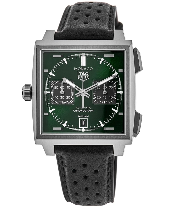 Tag Heuer Monaco Chronograph Green Dial Leather Strap Men's Watch CDW2180.FC8360