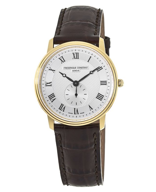 Frederique Constant Slimline Silver Dial Gold Plated Brown Leather Strap Men’s Watch FC-235M4S5 FC-235M4S5