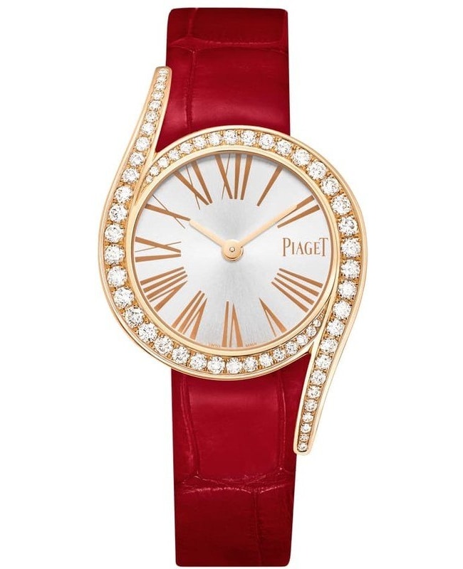 Piaget Limelight Gala 26mm Quartz Silver Dial Diamond Bezel Red Leather Strap Women's Watch G0A43151