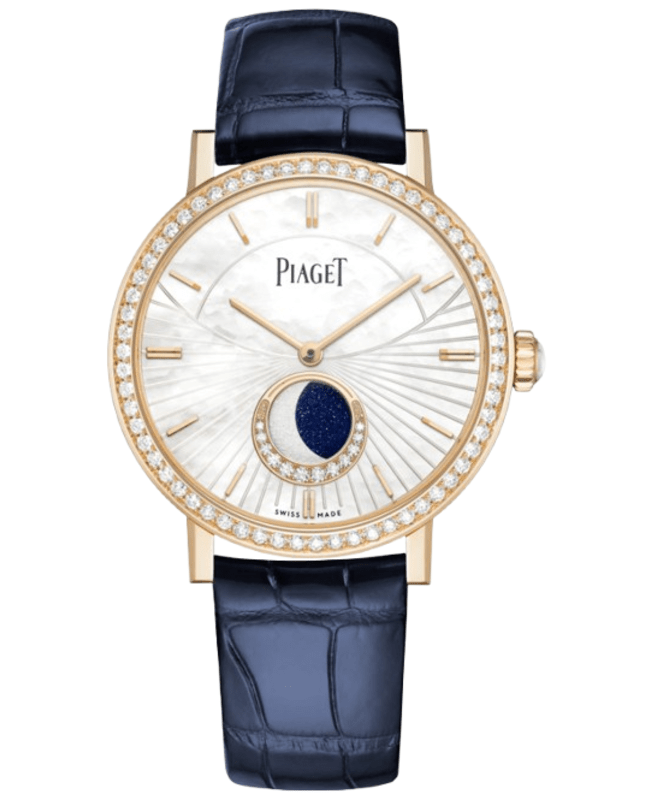 Piaget Altiplano Automatic Moonphase Mother of Pearl Dial Diamond Bezel 18K Rose Gold Blue Leather Strap Women's Watch G0A47104