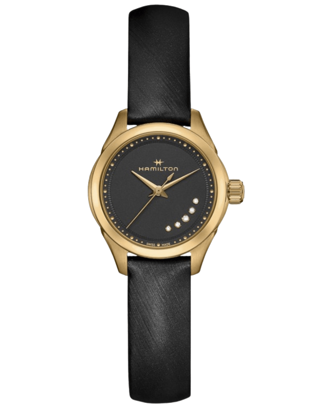 Hamilton Jazzmaster Lady Quartz Black Diamond Dial Rose Gold PVD Steel Satin Strap Women's Watch H32121430