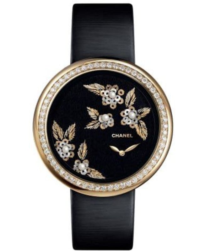 Chanel Mademoiselle Prive Black Dial Diamonds Black Satin Strap Women's Watch H3821