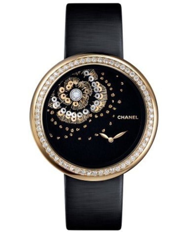 Chanel Mademoiselle Prive Black Dial Diamonds Black Satin Strap Women's Watch H3822