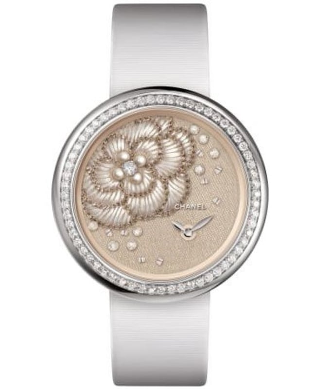 Chanel Mademoiselle Prive Beige Dial Diamonds White Satin Strap Women’s Watch