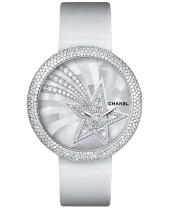 Chanel Mademoiselle Prive Mother of Pearl Dial Diamond White Satin Strap Women’s Watch