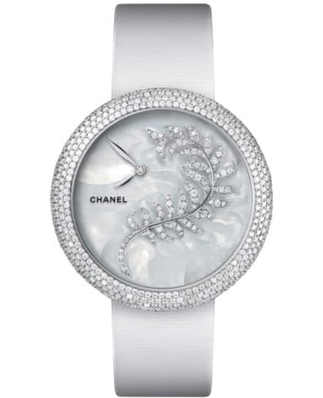 Chanel Mademoiselle Prive Mother of Pearl Dial Diamond White Satin Strap Women's Watch H4587