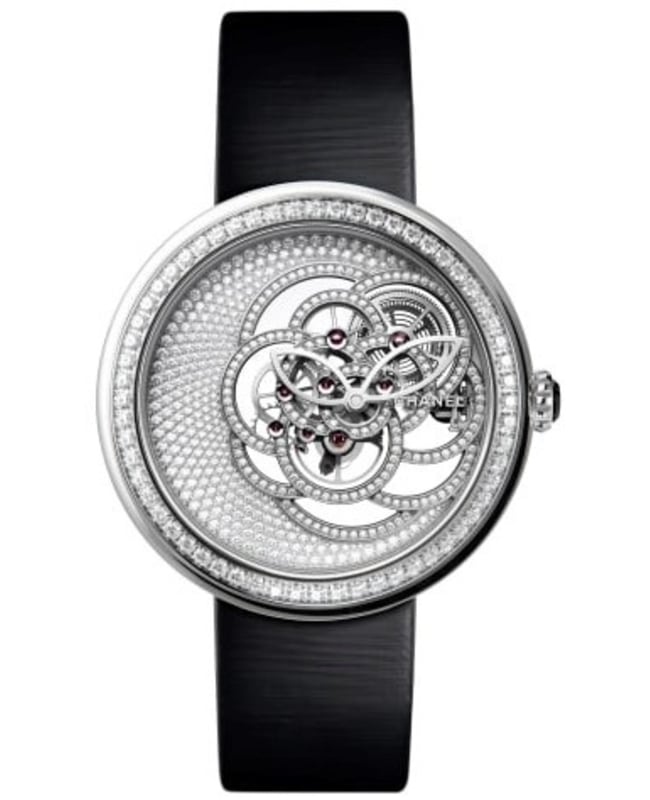 Chanel Mademoiselle Prive Camelia Skeleton Skeleton Dial Diamond Black Satin Strap Women's Watch H5945