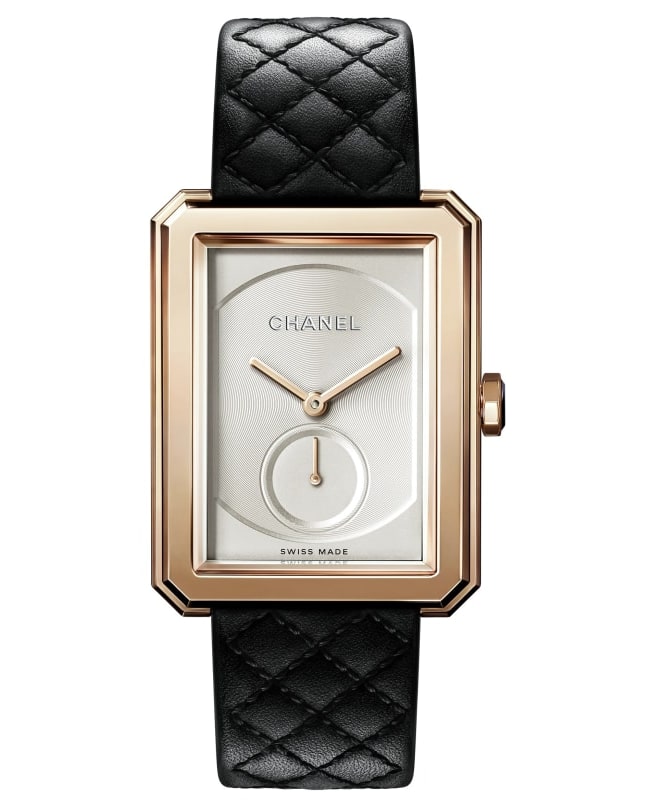 Chanel Boy-Friend 18K Beige Gold Silver Dial Leather Strap Women's Watch H6589