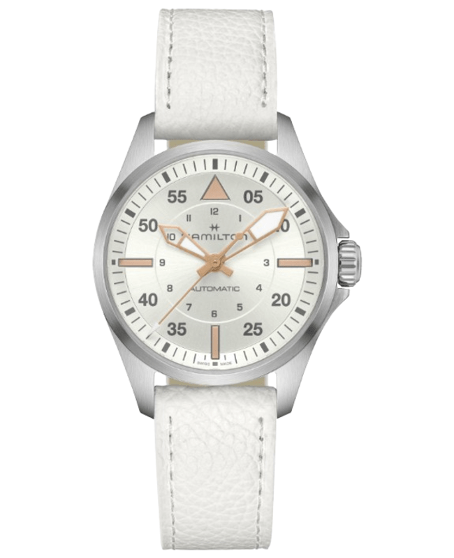 Hamilton Khaki Aviation Pilot Auto Silver Dial White Leather Strap Women's Watch H76215850