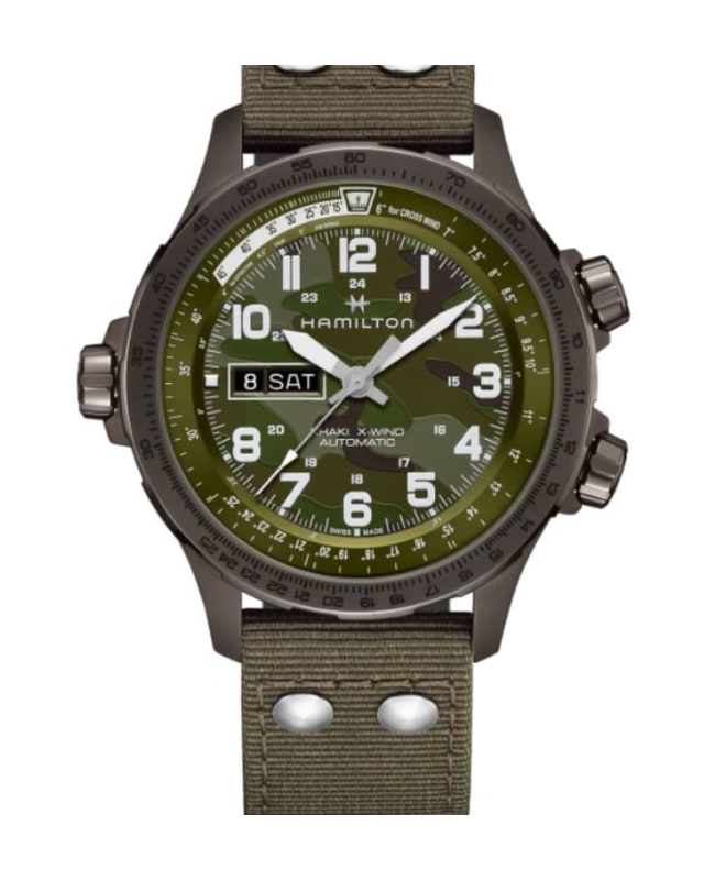 Hamilton Khaki Aviation X-Wind Day Date Auto Green Dial Fabric Strap Men's Watch H77775960