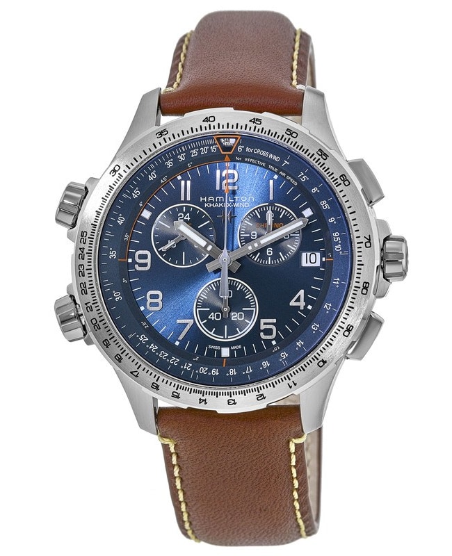 Hamilton Khaki X-Wind GMT Chrono Quartz Blue Dial Brown Leather Strap Men’s Watch