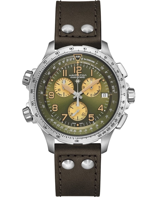 Hamilton Khaki Aviation X-Wind GMT Chrono Quartz Green Dial Leather Strap Men's Watch H77932560
