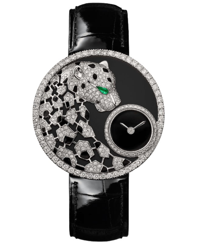 Cartier Joaillere Panthere Black Dial Diamond Leather Strap