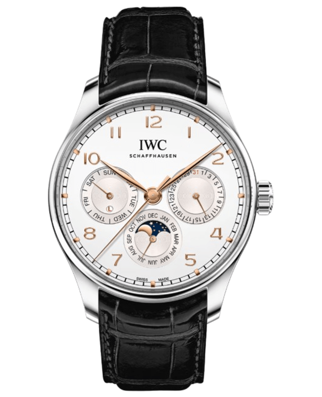 IWC Portugieser Perpetual Calendar 42 Automatic Silver Dial Black Leather Strap Men's Watch IW344203 IW344203