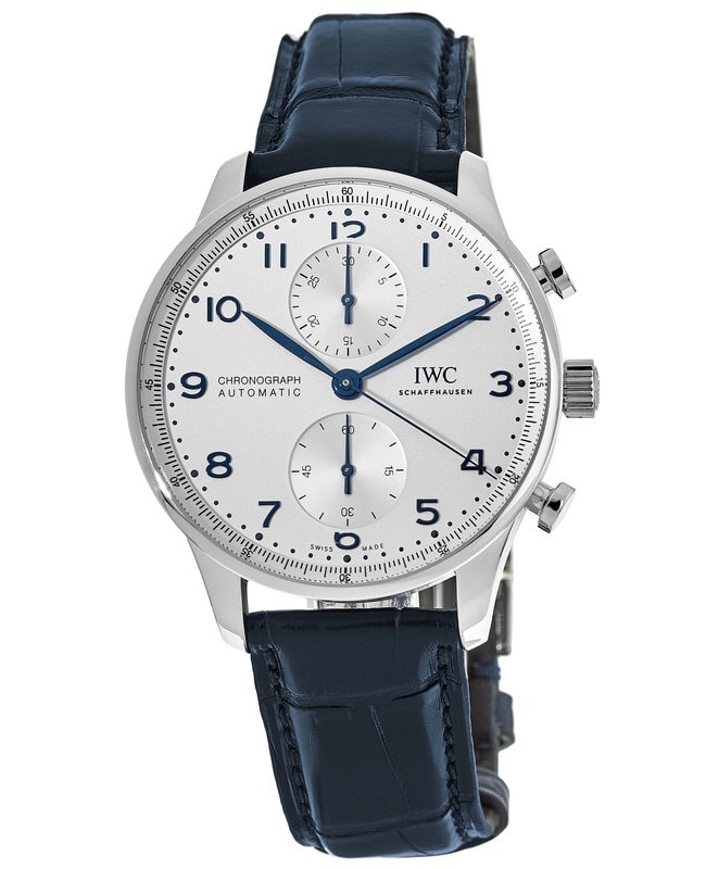 IWC Portugieser Automatic Chronograph Silver Dial Blue Leather Strap Men's Watch IW371605