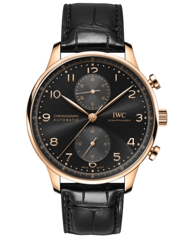 IWC Portugieser Automatic Chronograph Black Dial 18K Rose Gold Black Leather Strap Mens Watch IW371625 IW371625 IWC Portugieser Automatic Chronograph Black Dial 18K Rose Gold Black Leather Strap Mens Watch IW371625 IW371625