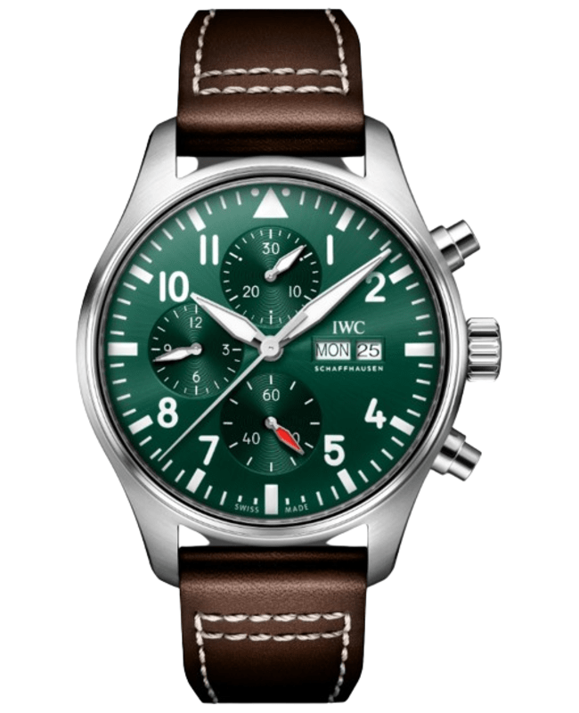 IWC Pilot's Chronograph Automatic Green Dial Brown Leather Strap Men's Watch IW378005