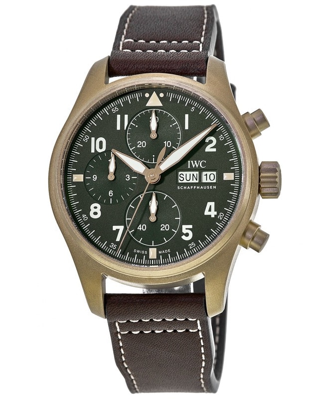 IWC Pilot's Spitfire Chronograph Green Dial Brown Leather Strap Men's