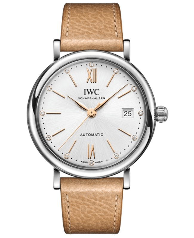 IWC Portofino Automatic 37 Silver Diamond Dial Beige Leather Strap Women's Watch IW458601