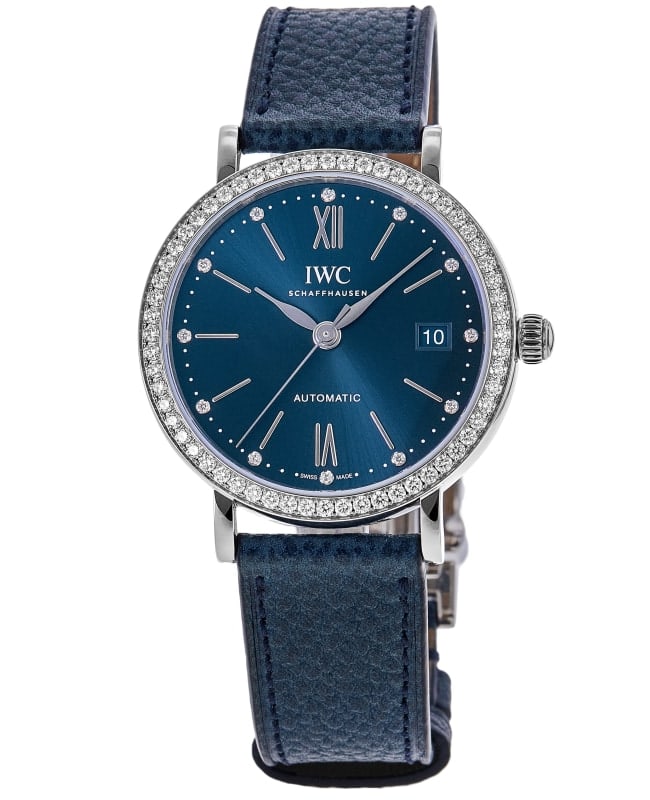 IWC Portofino Automatic 37 Blue Dial Diamond Bezel Leather Strap Women's Watch IW658602