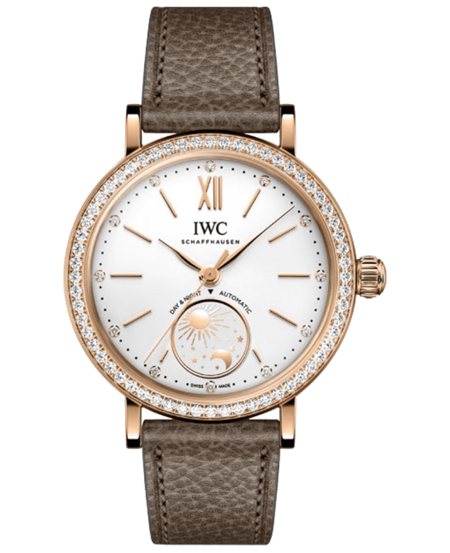 IWC Portofino Automatic Day & Night Silver Dial 18K Rose Gold Diamond Bezel Leather Strap Women's Watch IW659802