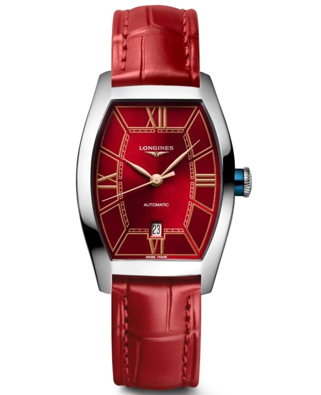 Longines Evidenza Automatic Red Dial Leather Strap Women’s Watch