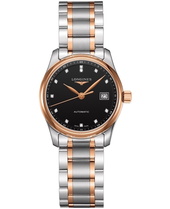 Longines Master Collection Automatic 29mm Black Diamond Dial Rose Gold and Steel Women's Watch L2.257.5.59.7