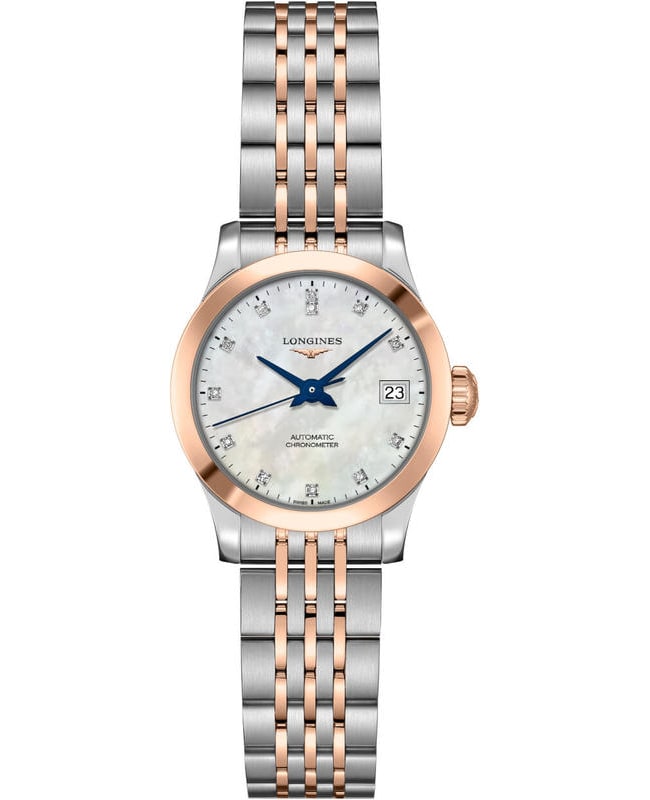 Longines Record Chronometer Mother of Pearl Dial Diamond Stainless Steel and Rose Gold Women's Watch L2.320.5.87.7